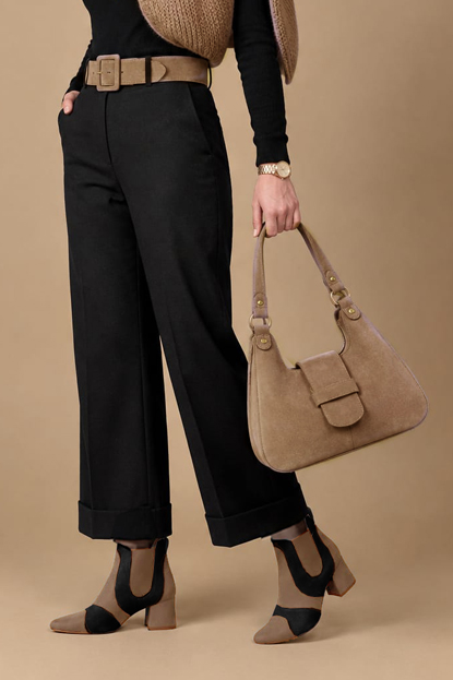 Dress ankle boots side elastics in biscuit beige, matt black and camel beige leather with low flare heels and round toe -Worn view